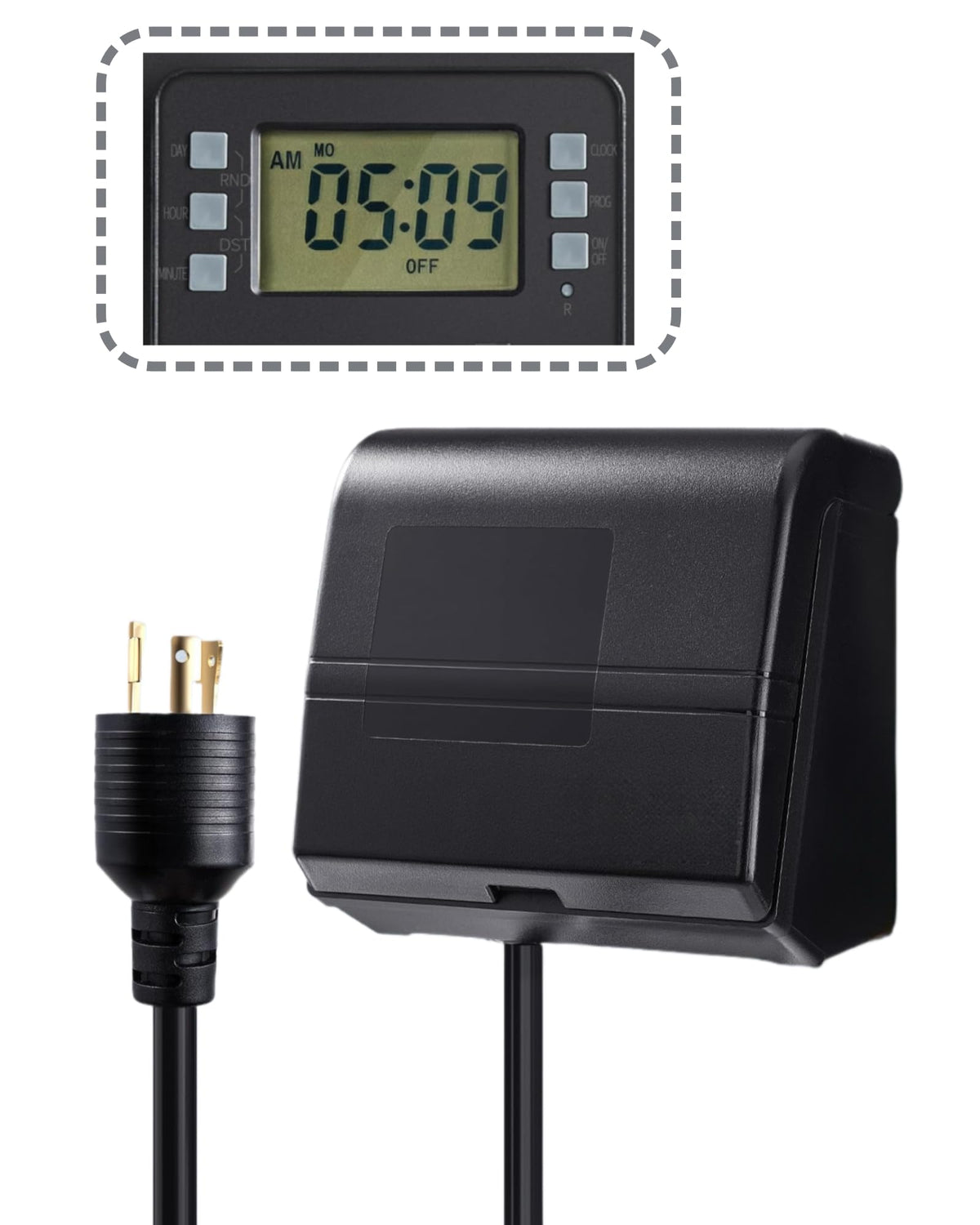 TAYMATIC front view showing plug and timer, simplifies outdoor scheduling