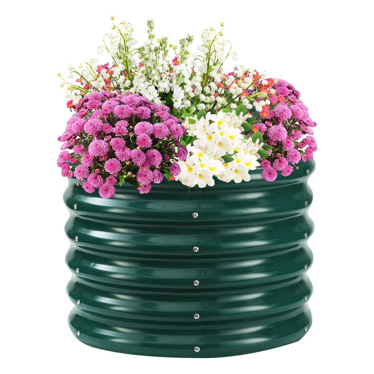 TBMLC front view of green round raised bed showing neat elevated planter and compact footprint