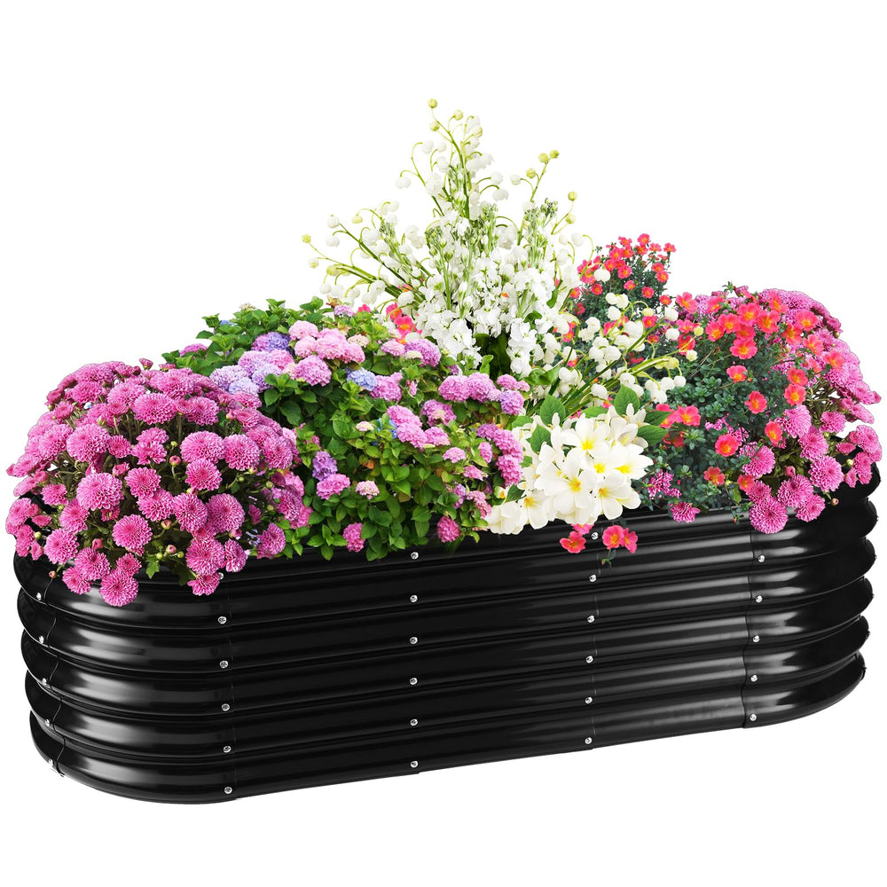 TBMLC front view of oval galvanized planter showing sleek black finish and shape benefits