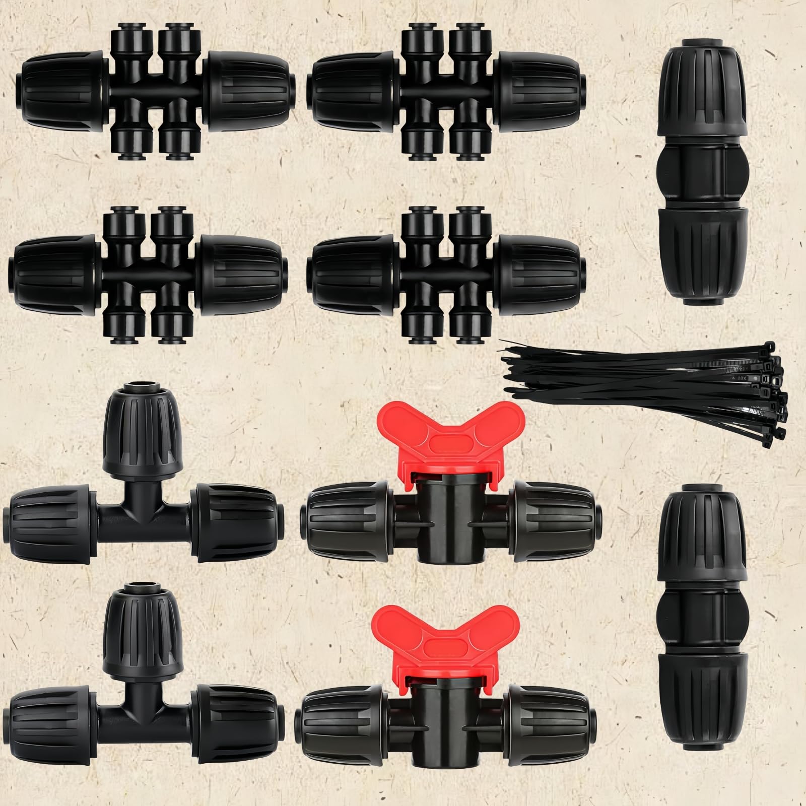 TBPA cable zip ties fastening tubing to stake, keeping layout tidy and secure