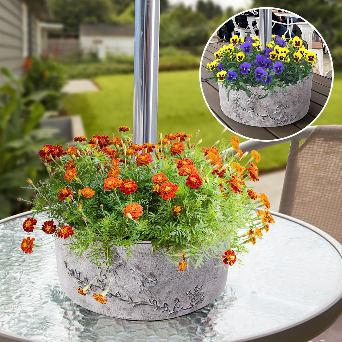 Tbpro front view of gray umbrella planter showing clean design and curb appeal