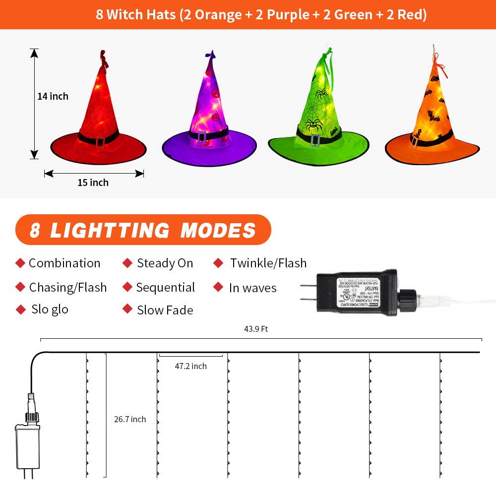 Tcamp hanging witch hats on porch railing creating welcoming Halloween lighting ambiance