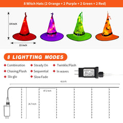 Tcamp hanging witch hats on porch railing creating welcoming Halloween lighting ambiance