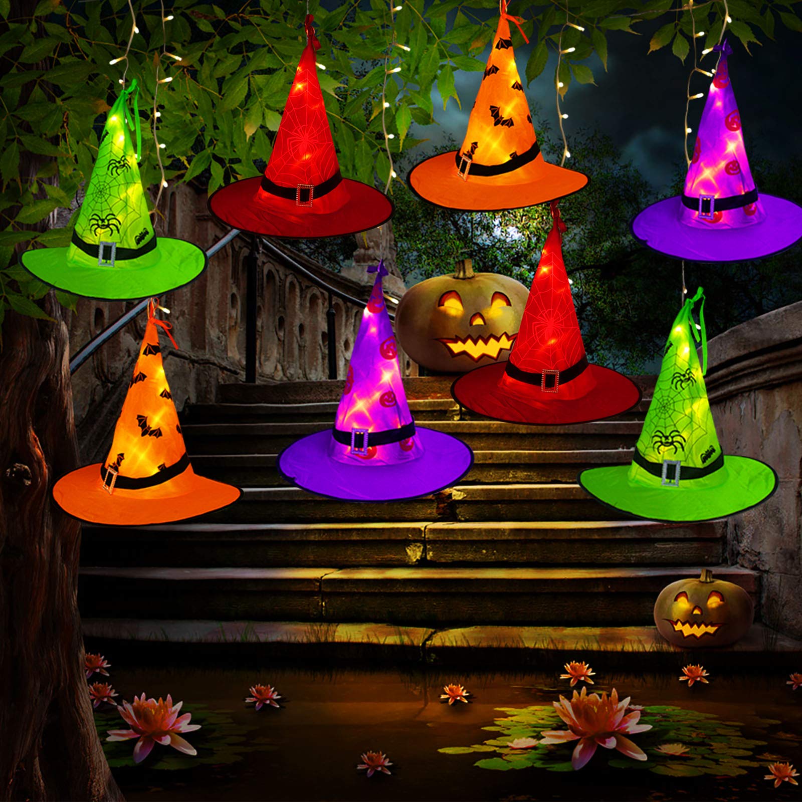 Tcamp front packaging showing 8 witch hats and string lights, clear product view and features
