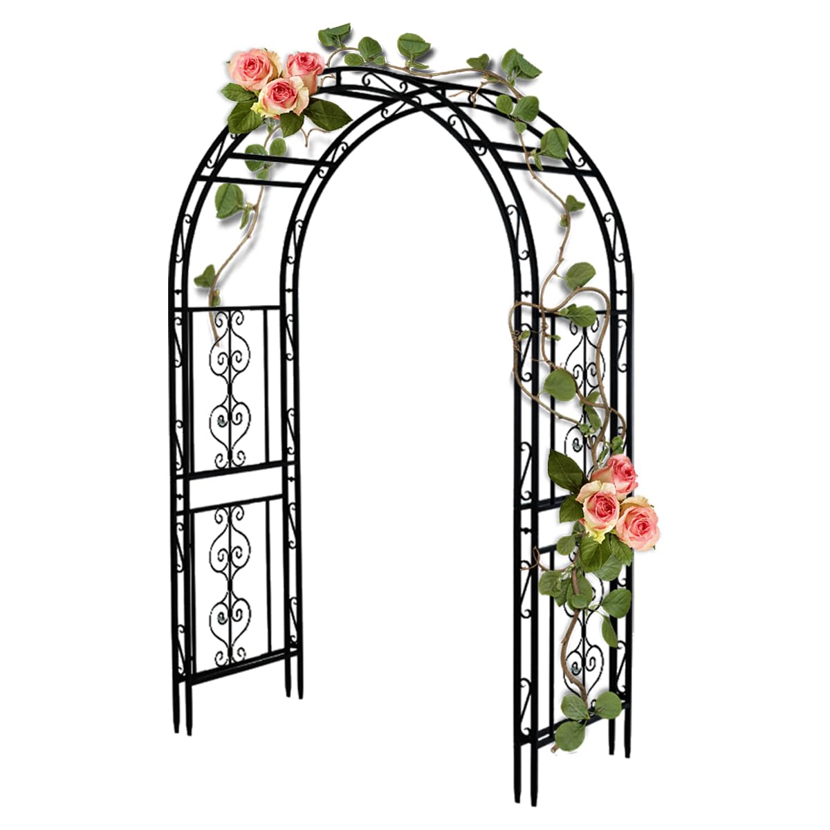 Teabelle front view of assembled arbor showing elegant arch and garden framing benefit