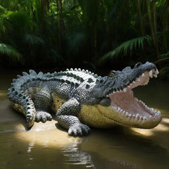 Teaeeno front view of realistic alligator statue showing lifelike pose and outdoor impact