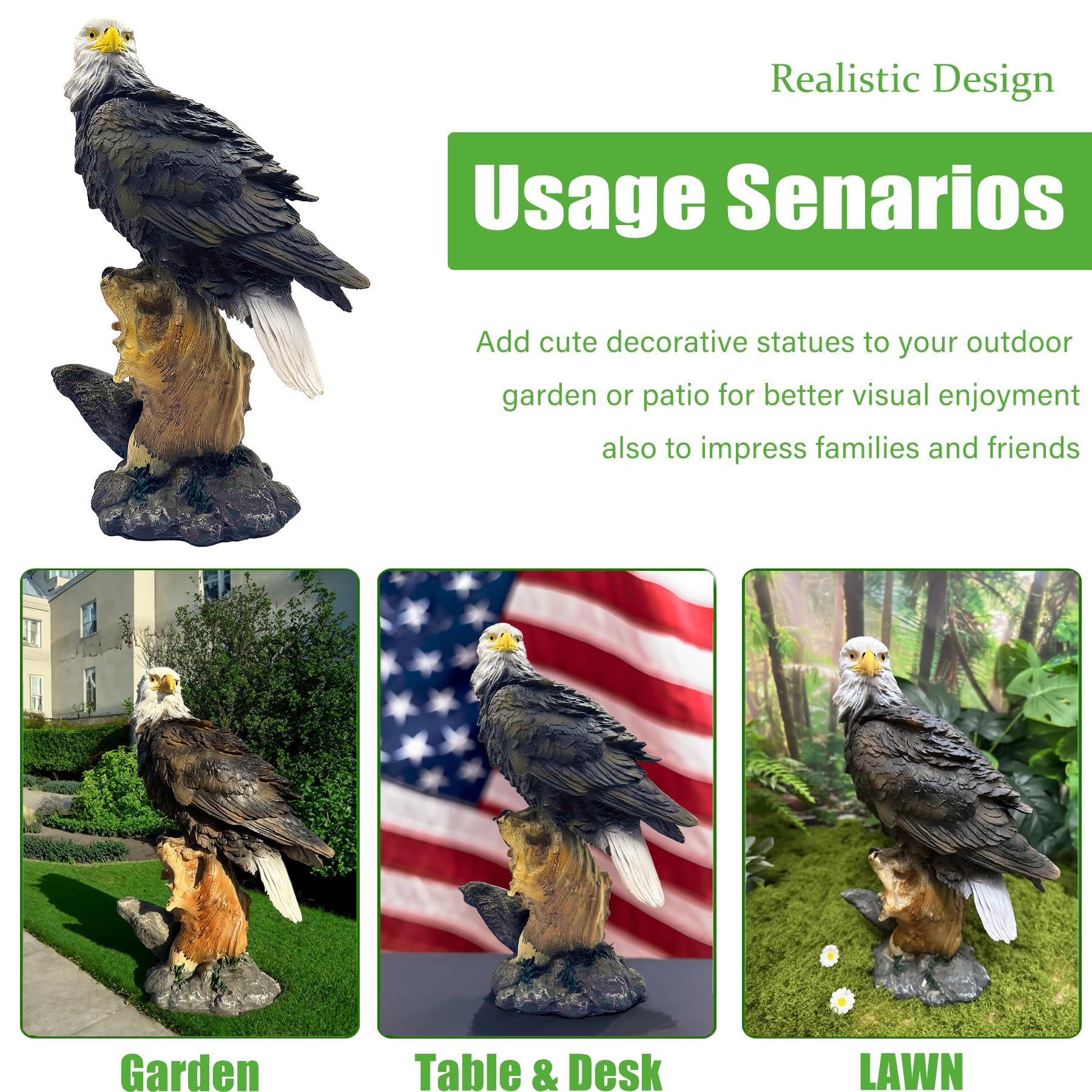 Teaeeno eagle placed among plants showing garden placement and durability