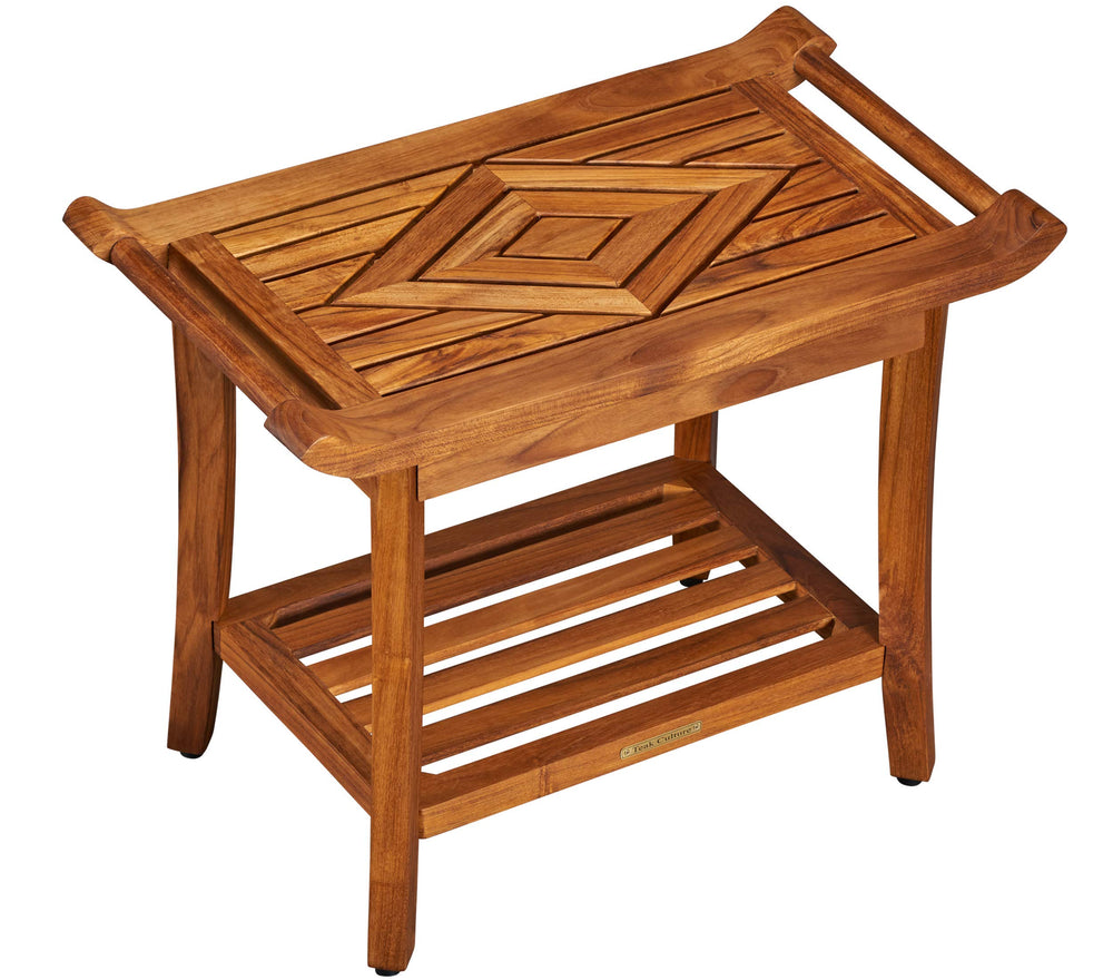 Teak Culture front view shower bench showcasing warm teak and teak oil finish for durability