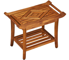 Teak Culture front view shower bench showcasing warm teak and teak oil finish for durability