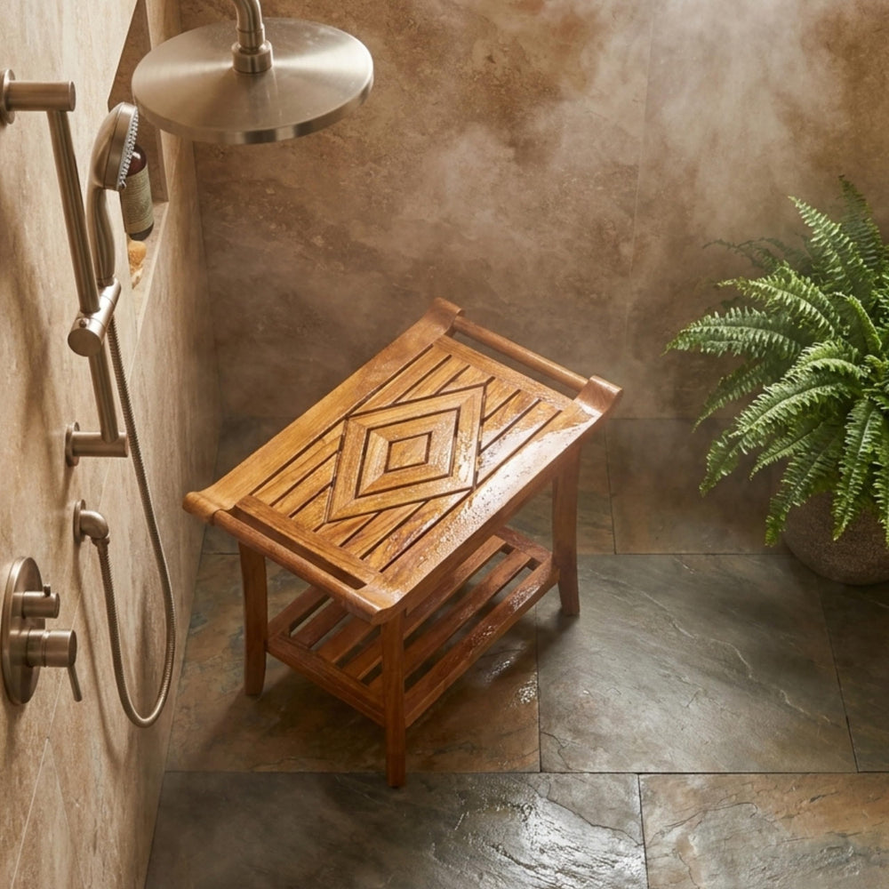 Teak Culture seat close-up showing diamond pattern and smooth hand-sanded comfort