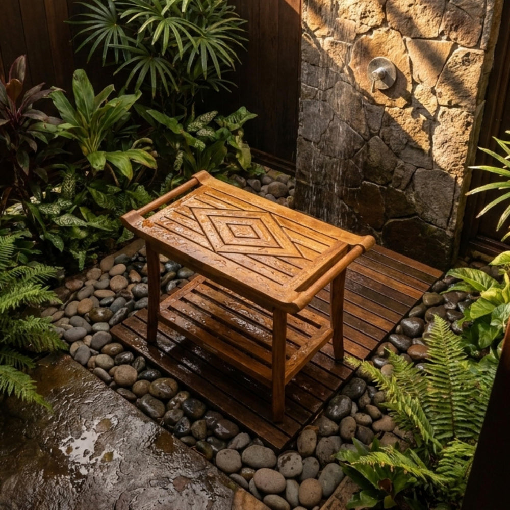 Teak Culture side profile in shower demonstrating waterproof teak and sturdy construction
