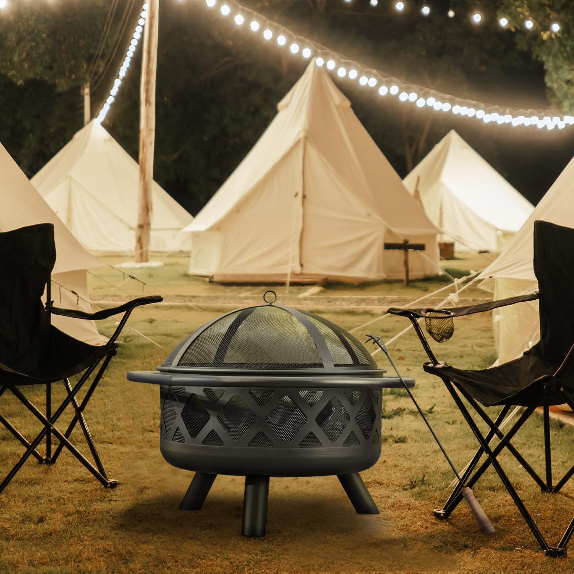 Teamson Home fire pit with included poker and mesh screen for safe ember control