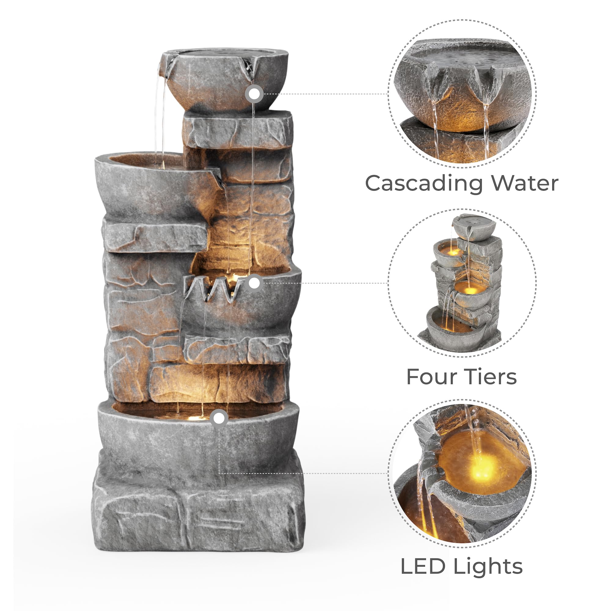 Teamson Home fountain lit by LEDs at night creating warm ambient outdoor lighting