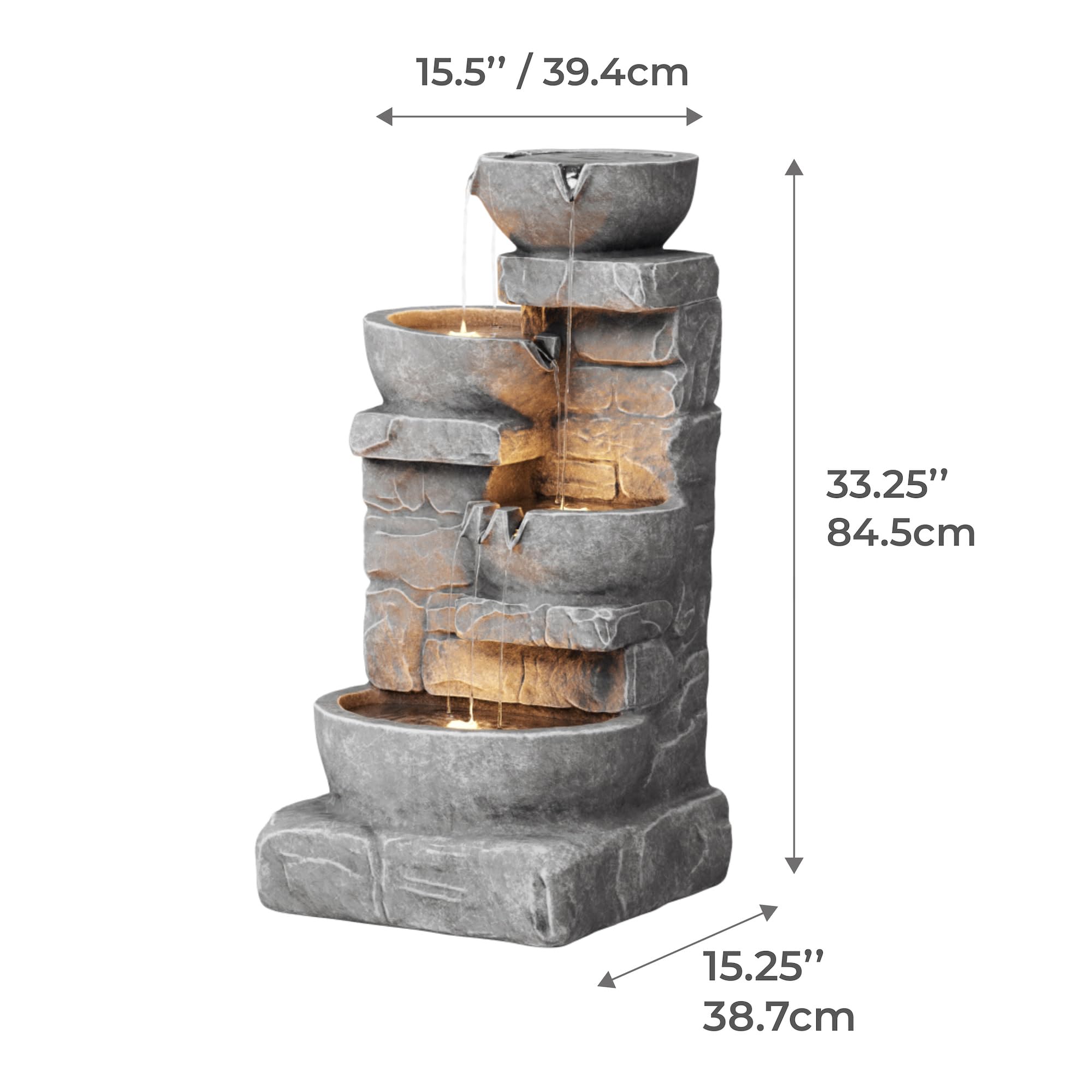 Teamson Home fountain on balcony next to seating for relaxing outdoor living
