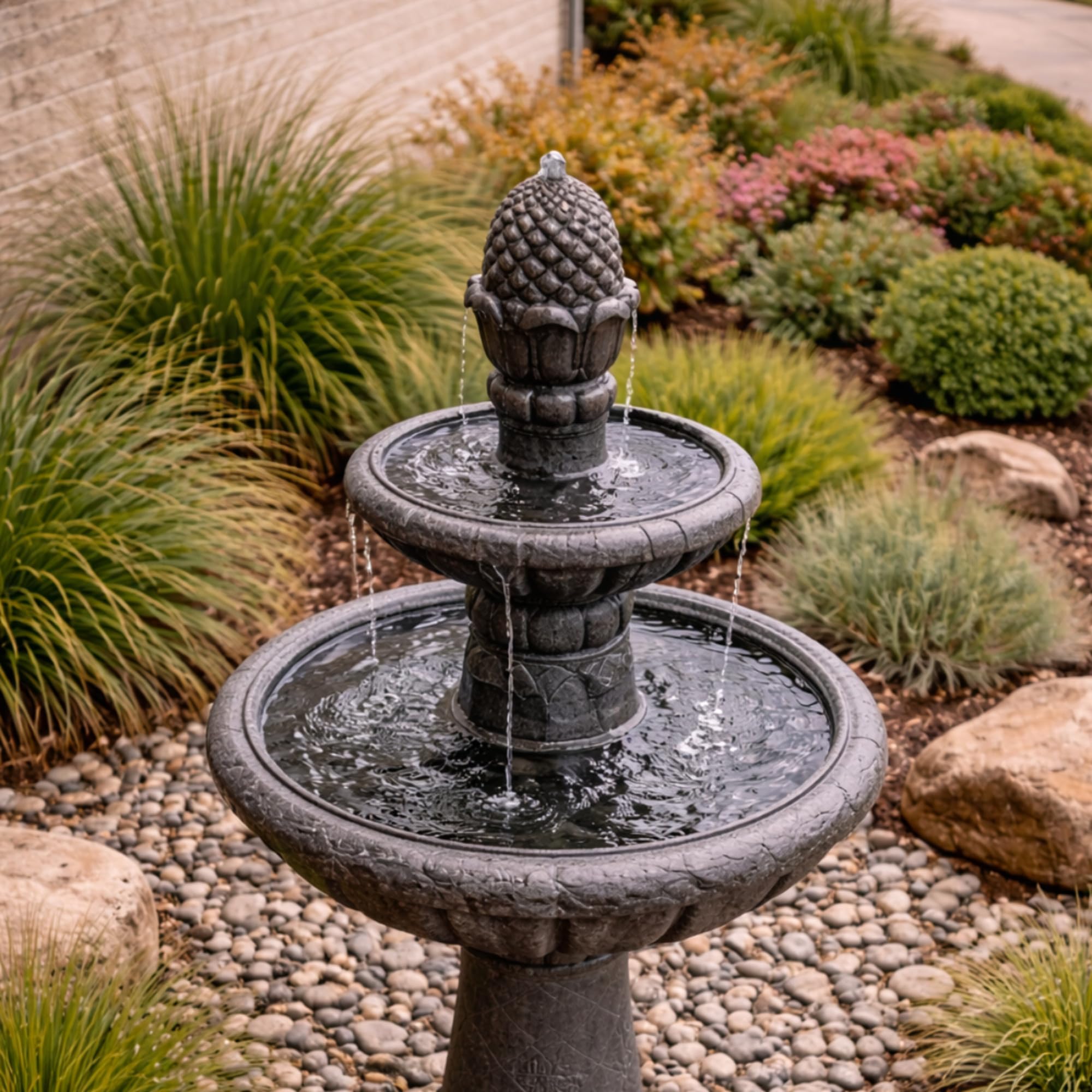 Teamson Home fountain lit at dusk creating ambient lighting and serene outdoor mood