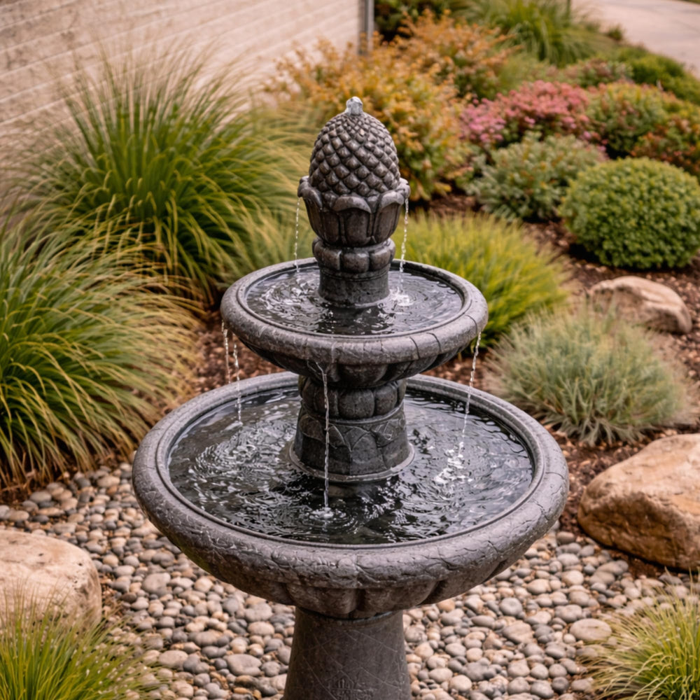 Teamson Home fountain lit at dusk creating ambient lighting and serene outdoor mood