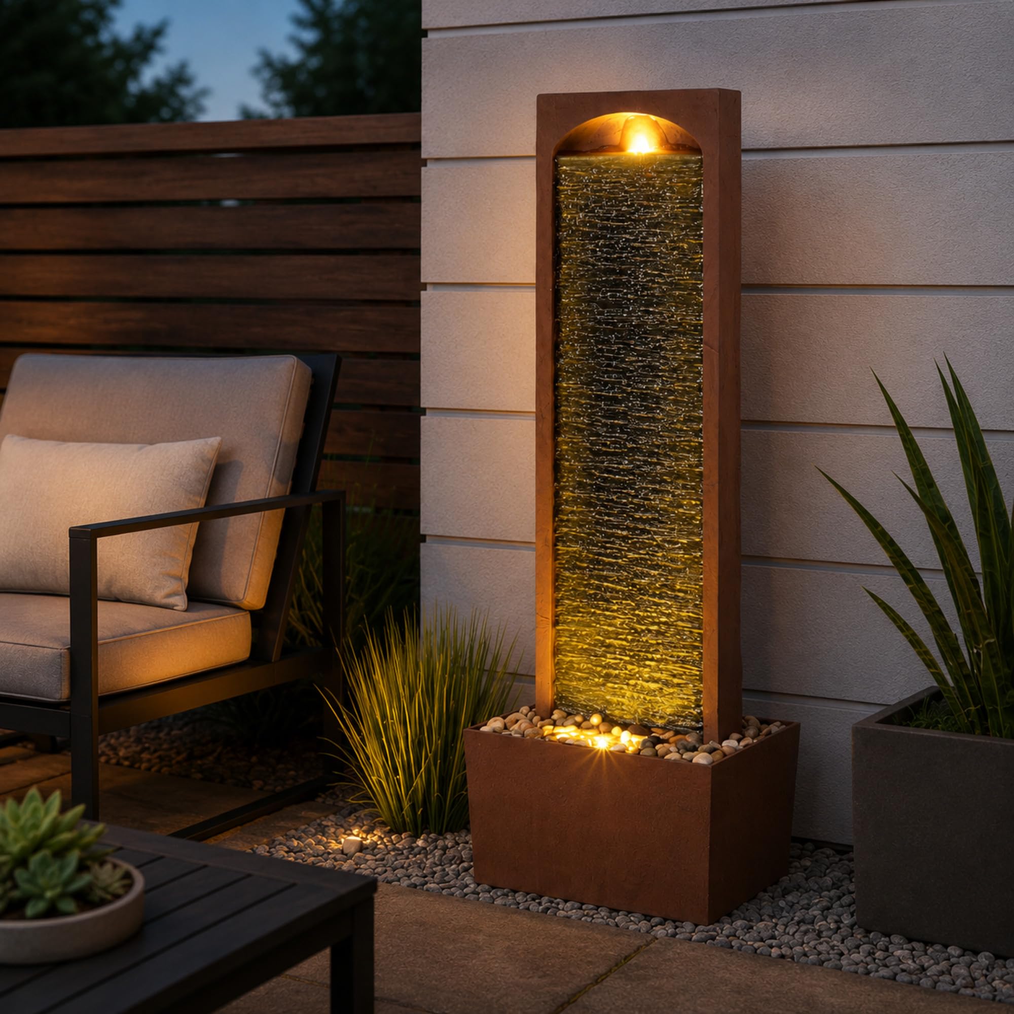Teamson Home fountain in patio setting creating relaxing ambiance for gatherings