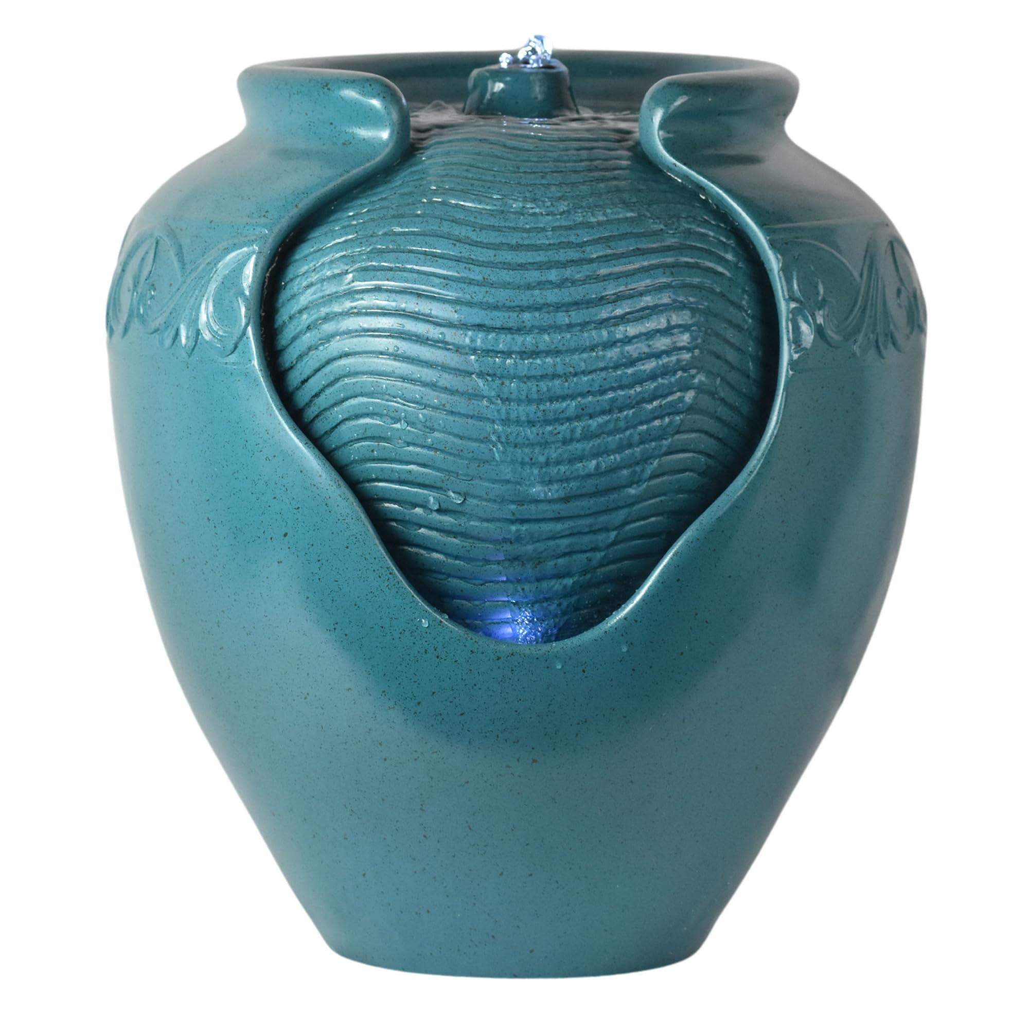 Teamson Home front view showing teal pot fountain and glossy finish enhancing patio