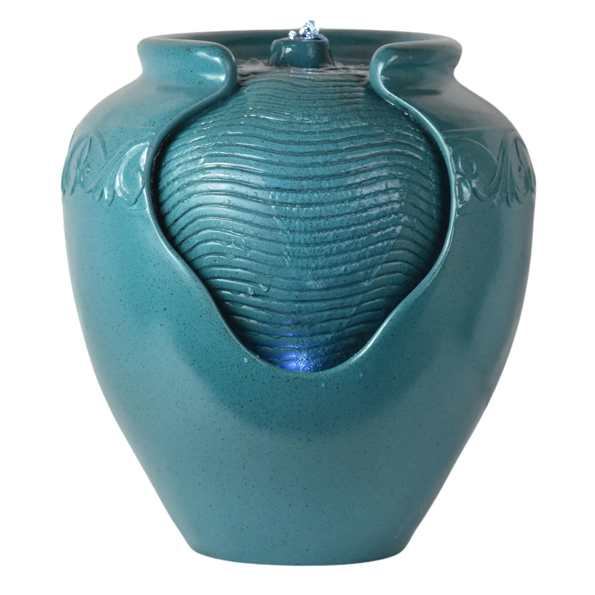 Teamson Home front view showing teal pot fountain and glossy finish enhancing patio