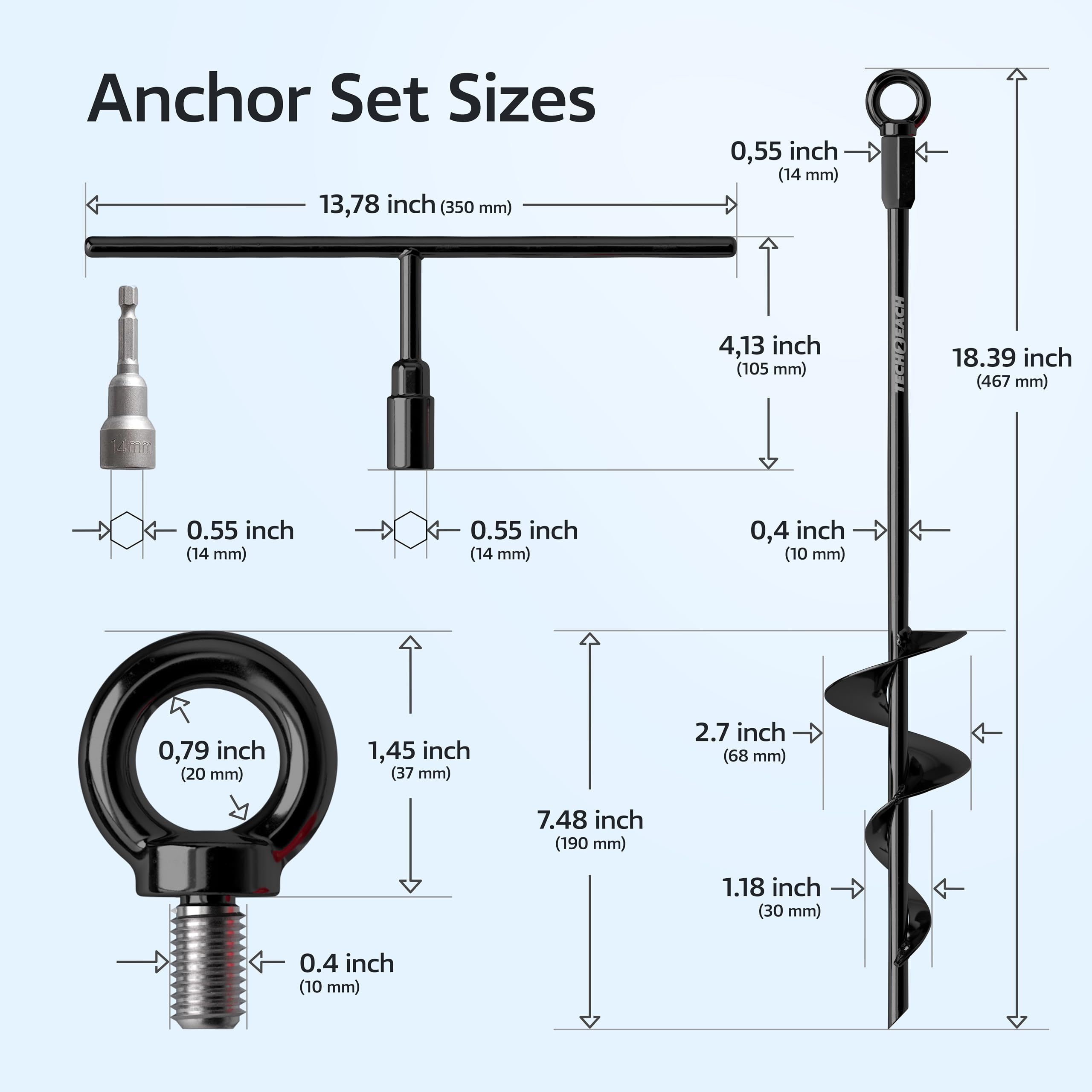 TECH2EACH detailed view of anchor head and threads showing robust construction and reliable performance