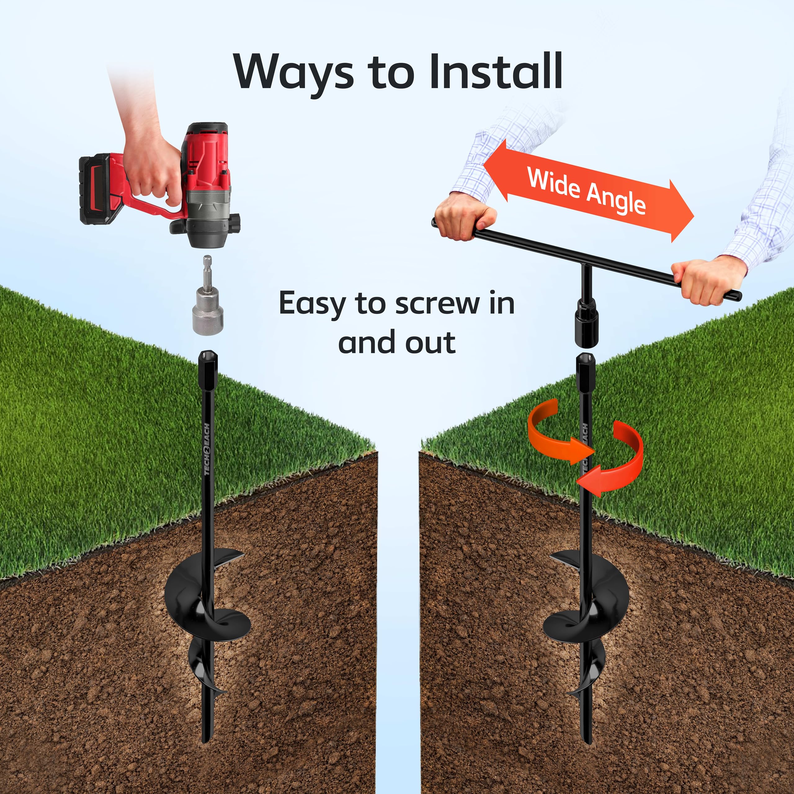 TECH2EACH close-up of dual-width spiral auger showing deeper soil grip and stronger hold