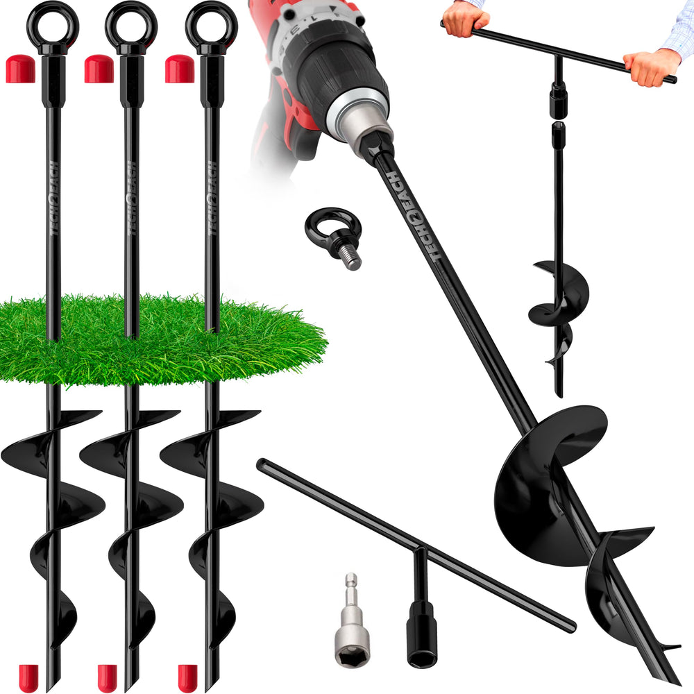 TECH2EACH front view of four 18-inch ground anchors showing kit contents and finish for durability