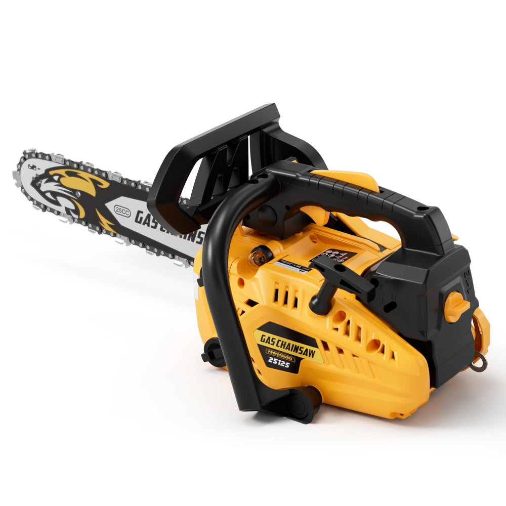TECHMOO front view of 12-inch chainsaw showing compact design and portability