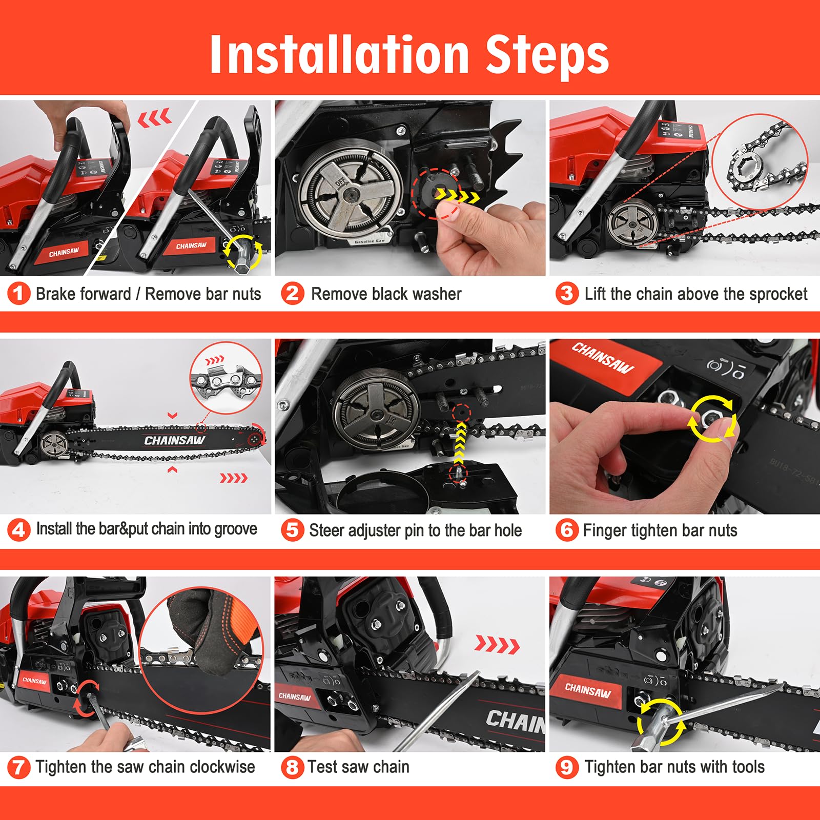 TECHMOO guide bar and chain detail showing sharp teeth and durable construction