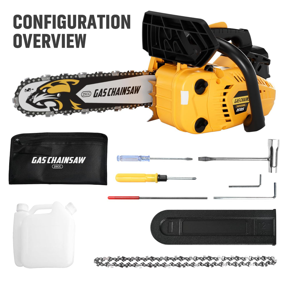 TECHMOO chainsaw beside log illustrating compact size and practical scale