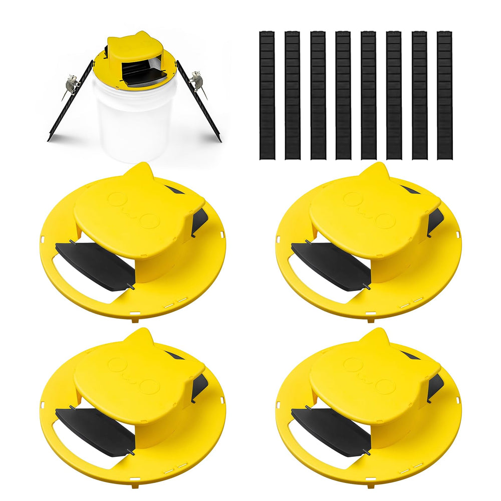 Technohom front view of four yellow trap lids showing easy multi-catch setup and durability