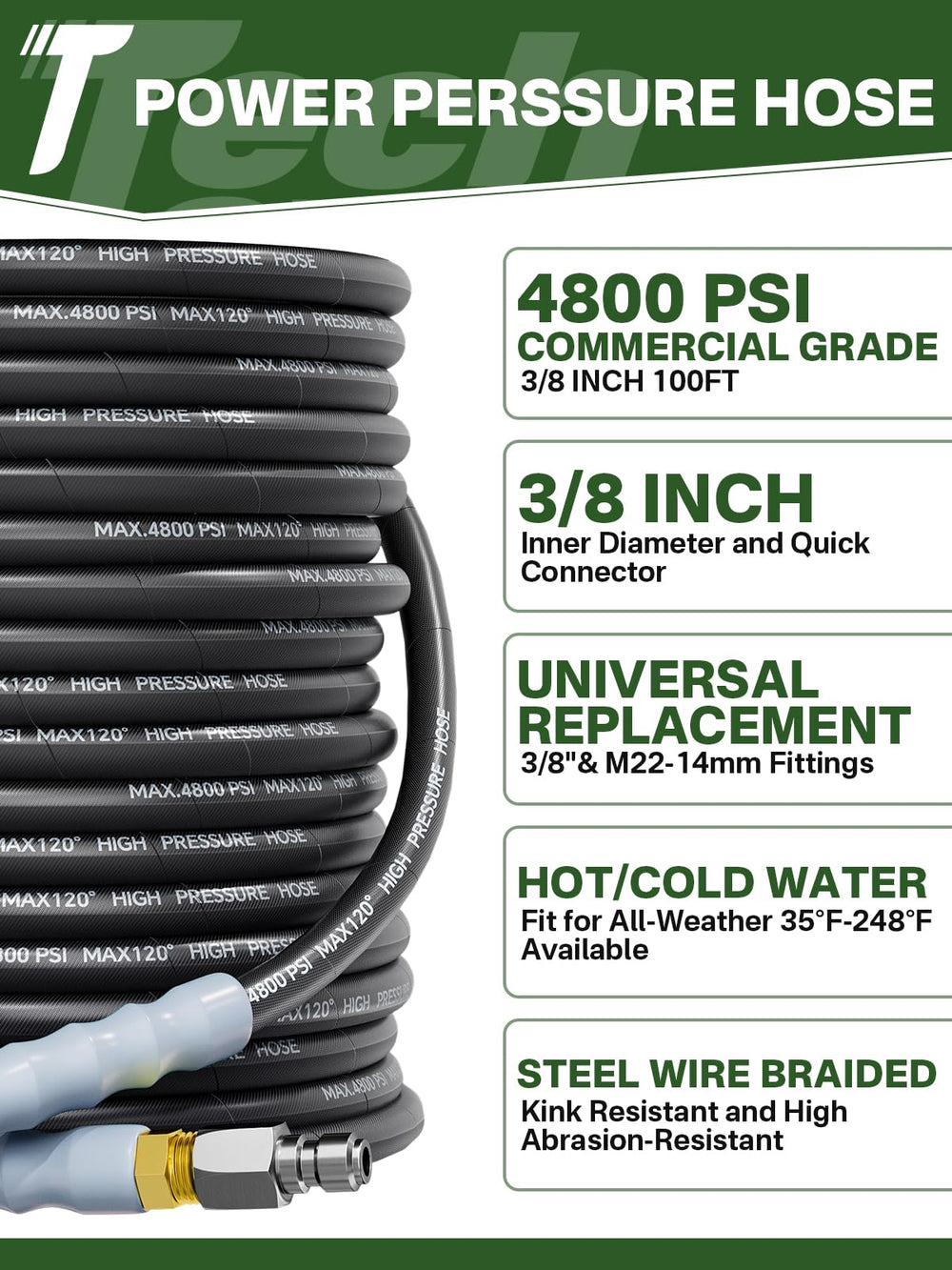 TechSweepPro coiled 100FT hose demonstrating long reach for large cleaning jobs