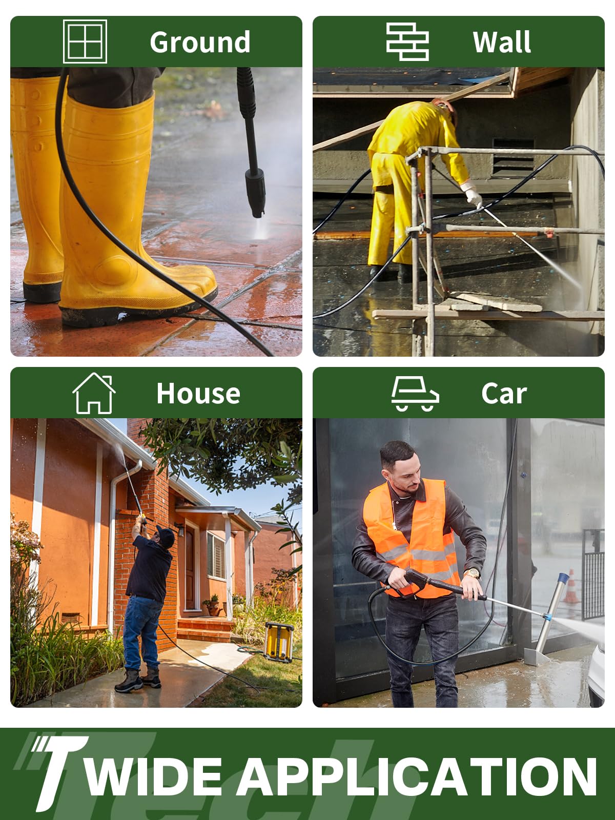 TechSweepPro hose in a garage scene cleaning siding highlighting professional-grade performance