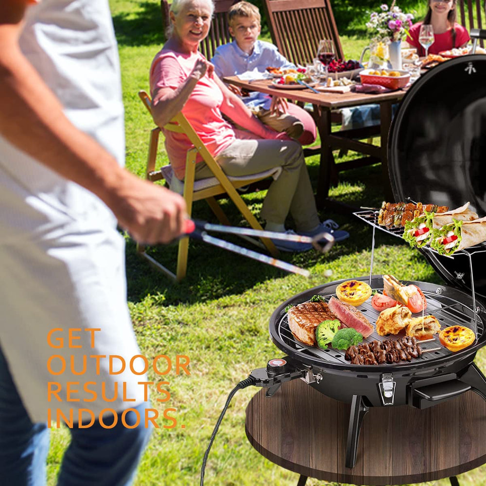 Techwood next to dinner plate showing 240 sq in cooking area and generous capacity