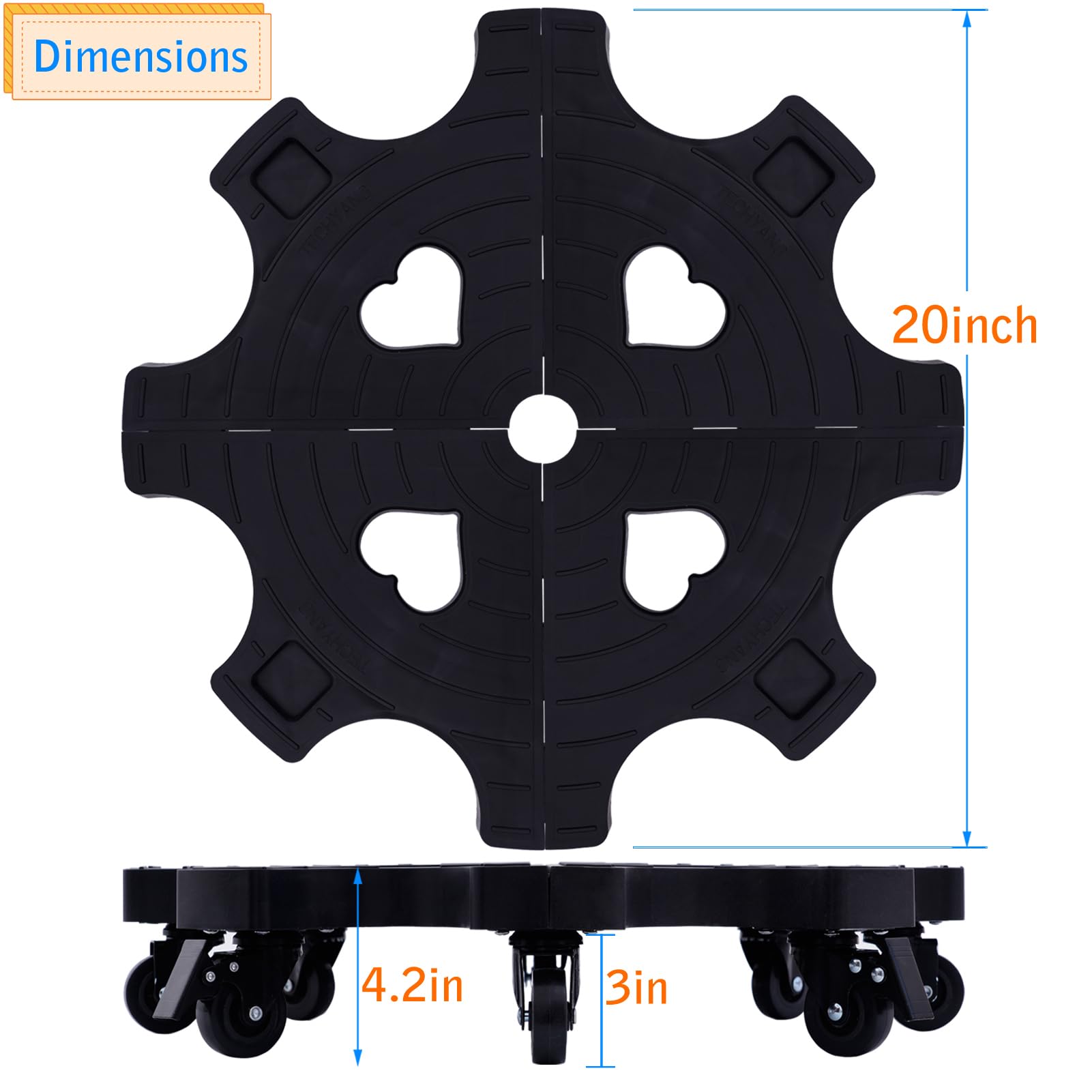TECHYANG locking caster detail showing secure hold and stability benefit
