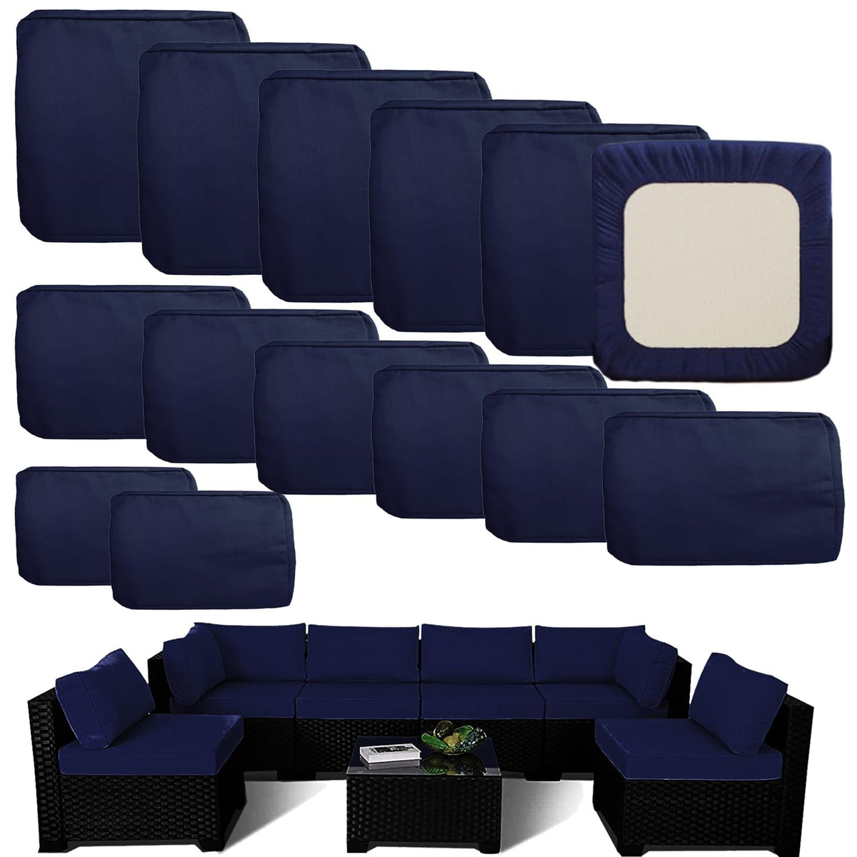 TECOSARA front view of blue 14-piece cushion covers set showing complete arrangement and renewed look