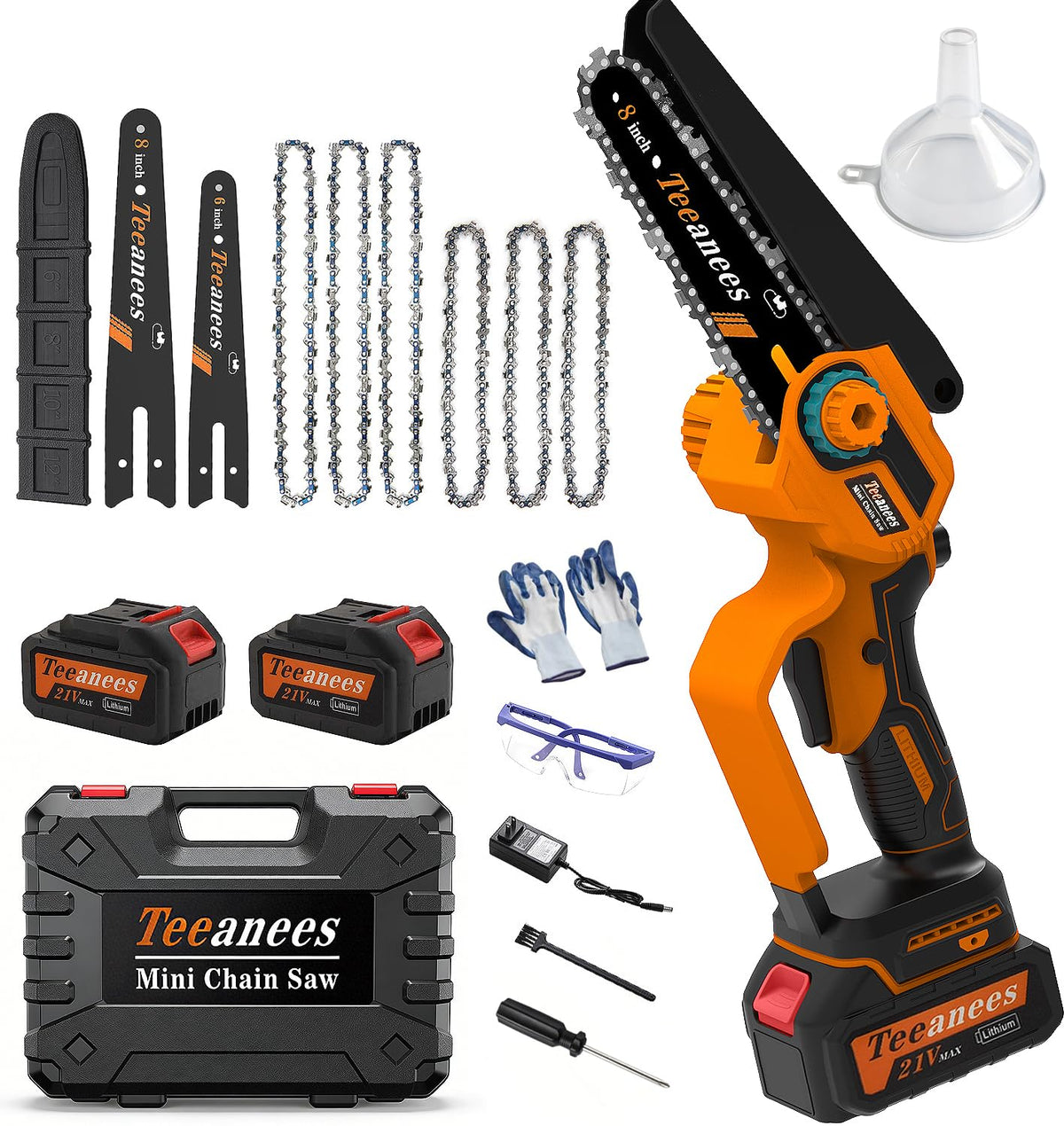 TEEANEES chainsaw front view showing compact, lightweight design and portability