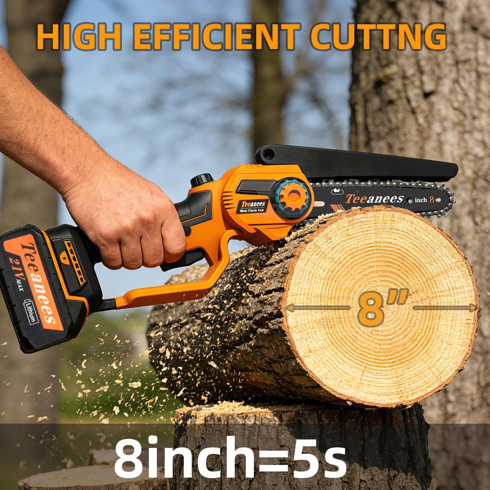 TEEANEES chainsaw cutting a branch demonstrating fast, efficient pruning performance