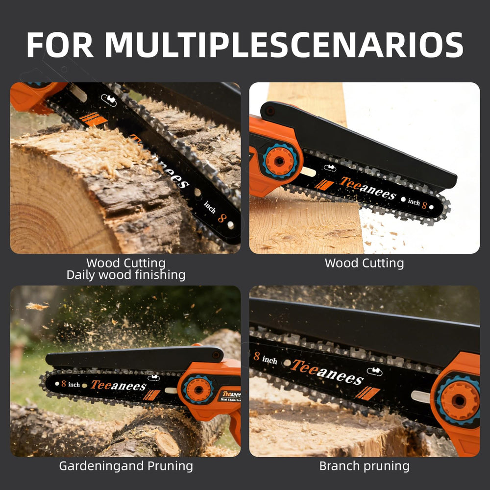 TEEANEES chainsaw next to a hand for scale showing easy maneuverability and control