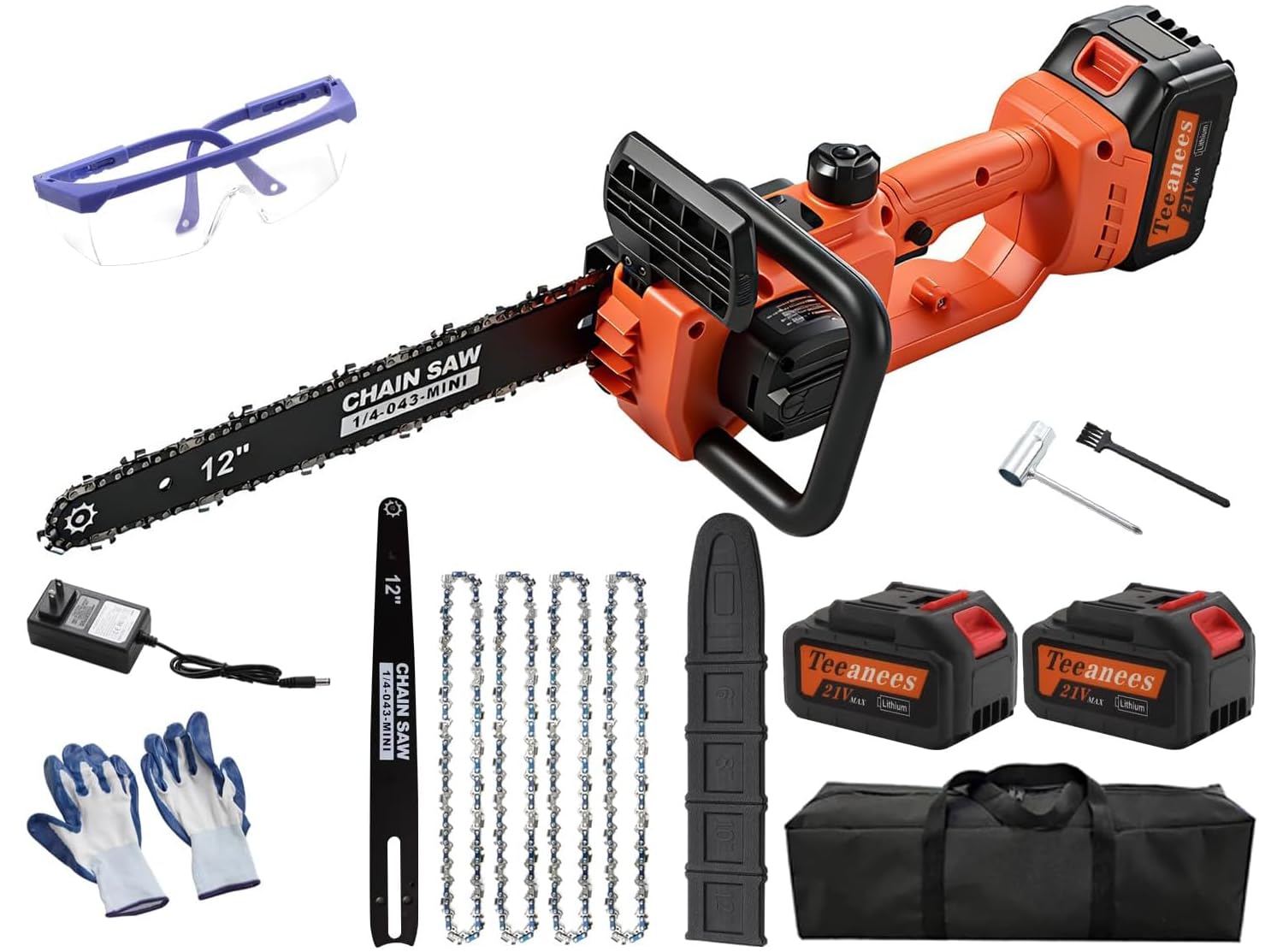 TEEANEES front view of orange chainsaw showing compact design and easy grip benefit