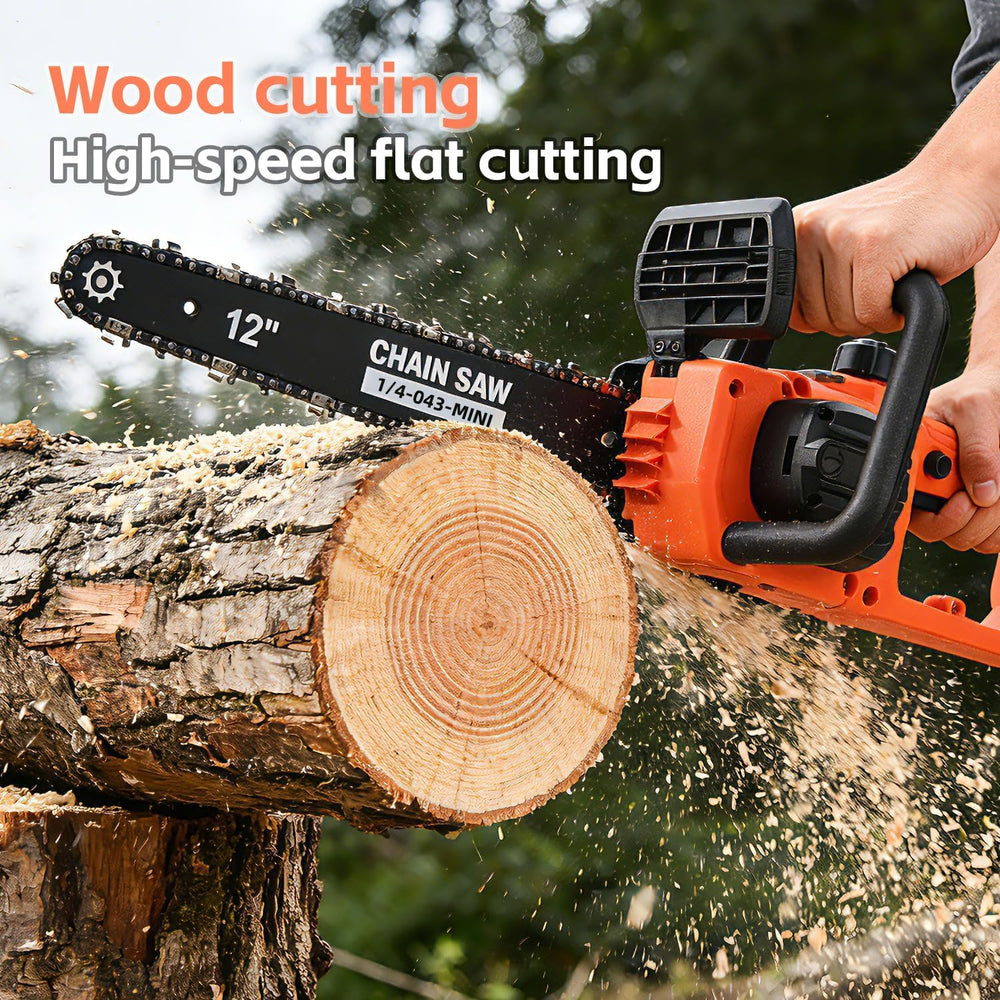 TEEANEES handheld chainsaw pruning a tree illustrating portability and precision