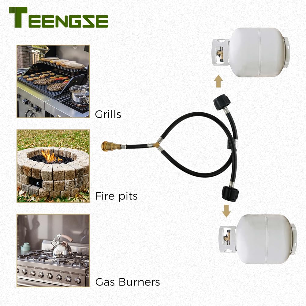 TEENGSE beside a 20 lb propane tank for size reference and portability benefit