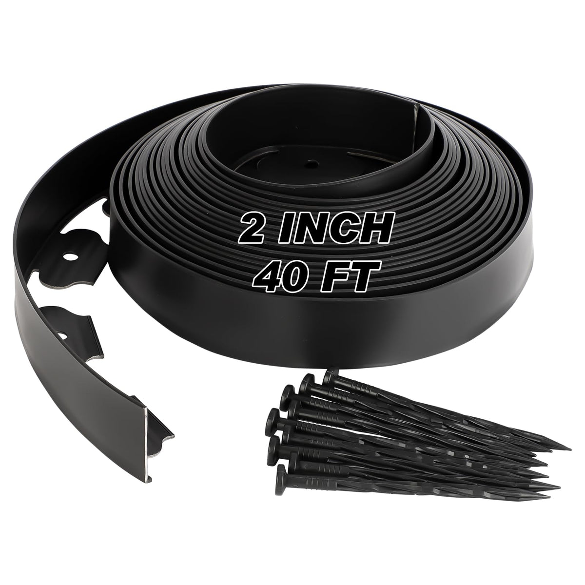 Tegarbed front packaging showing full 40ft roll and included spikes for easy installation