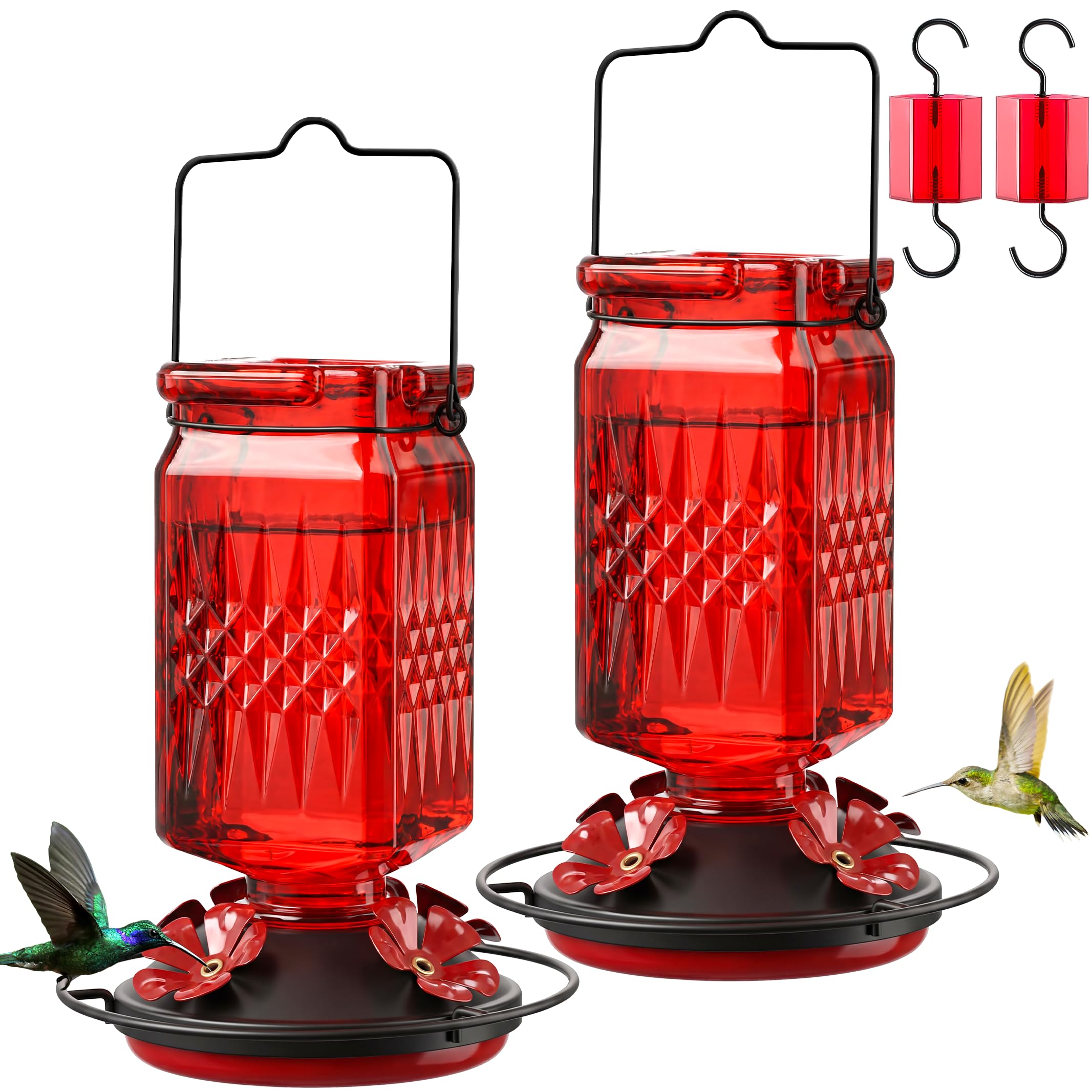 Tegarbed front view of red 20oz glass feeder showing decorative finish and hanging loop, attracts birds