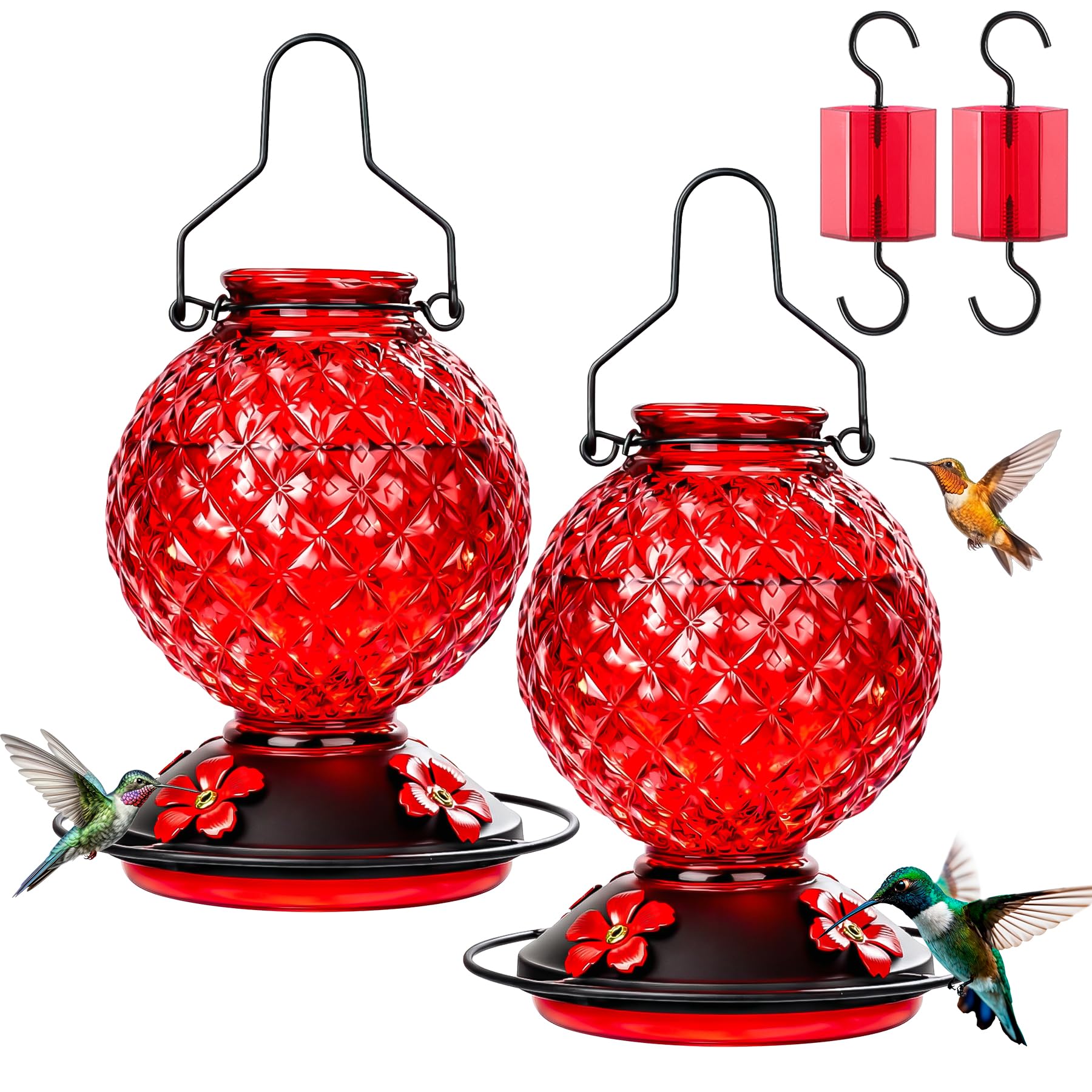 Tegarbed front view showing 25 oz glass feeder and red base attracting birds