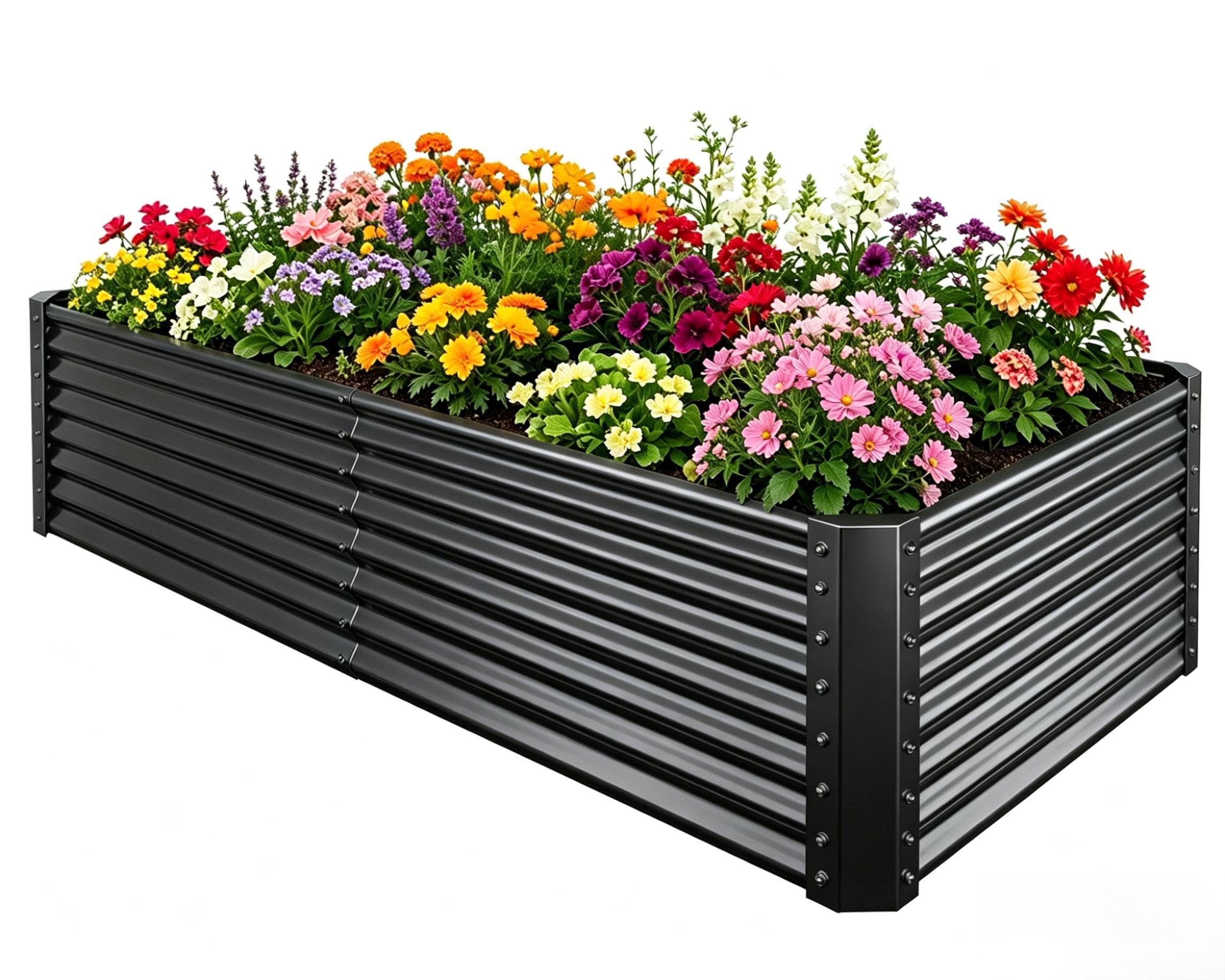 Tegarbed front view of assembled planter showing sleek black finish and spacious bed benefit