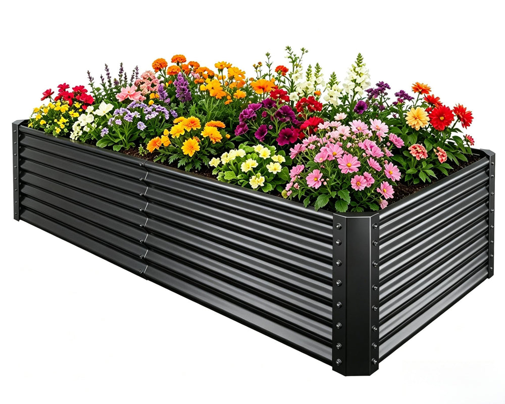 Tegarbed front view of assembled planter showing sleek black finish and spacious bed benefit