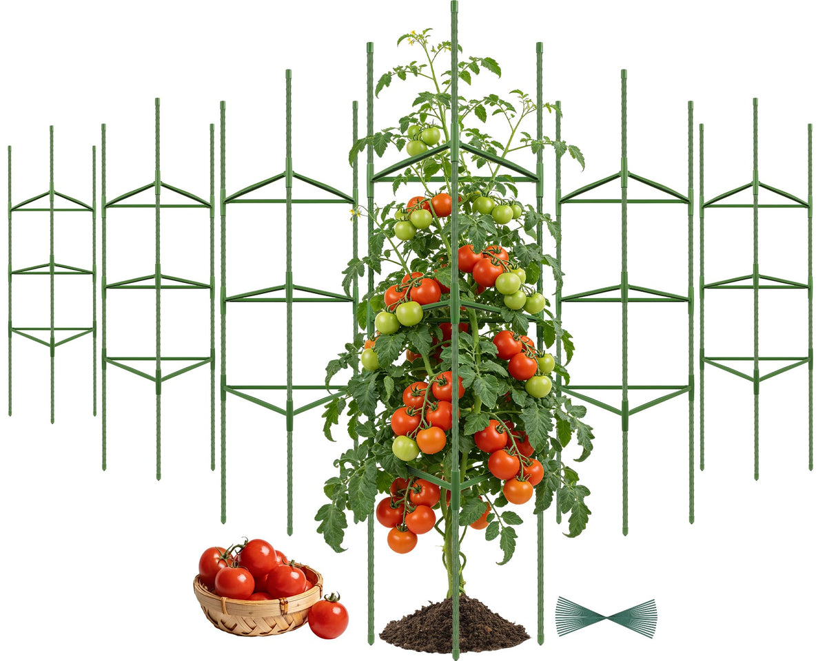 Tegarbed front view of six tomato cages showing compact bundle and quick setup benefit