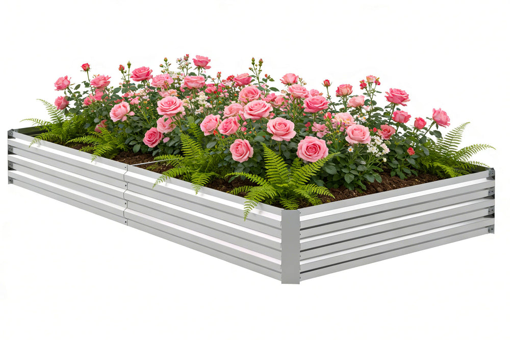 Tegarbed front view of 8x4 galvanized bed showing durable structure and neat finish