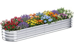 Tegarbed front view of galvanized raised bed showing sturdy frame and modern finish benefiting garden aesthetics