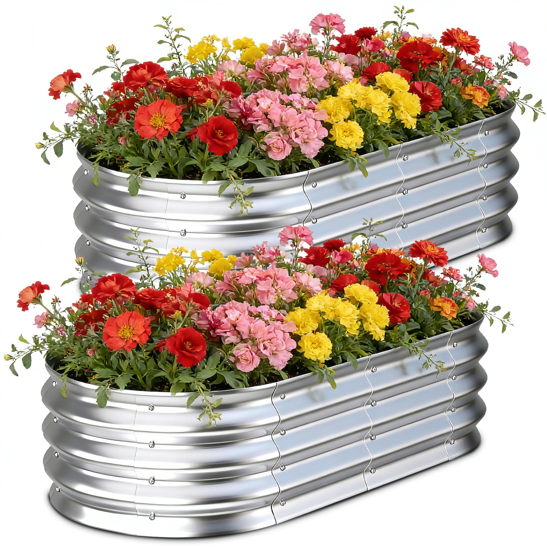 Tegarbed front view of two galvanized raised garden beds showing assemble-ready kit and benefits of compact footprint